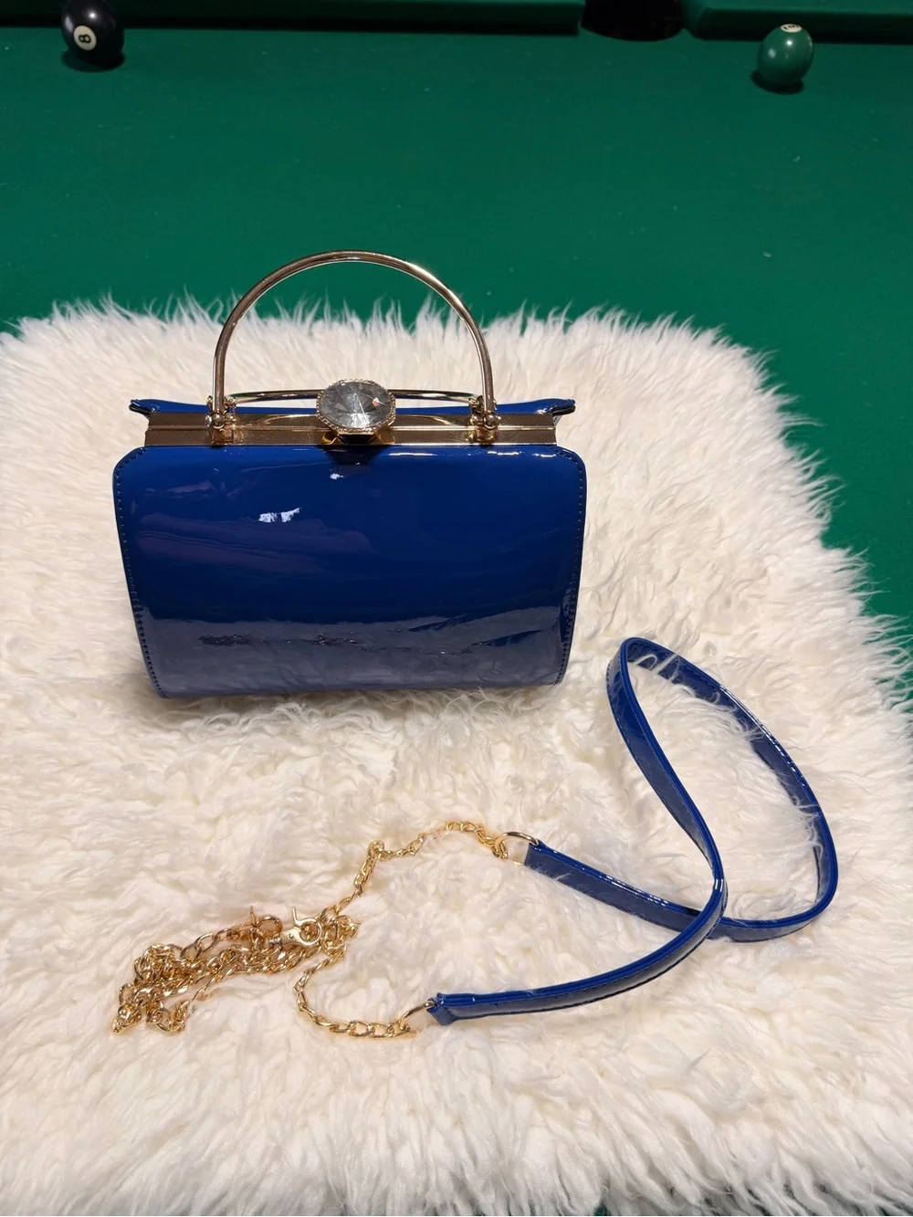 Elegant Royal Blue Patent Top-Handle Bag with Gold Chain